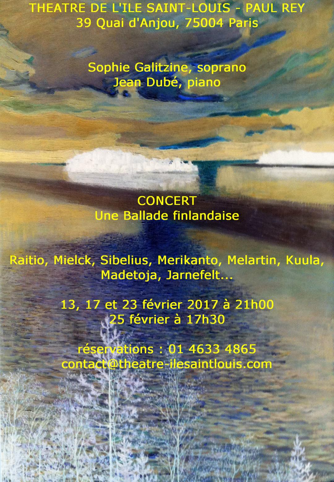 Affiche. Paris. Concerts de musique finlandaise. Sophie Galitzine, soprano et Jean Dubé, piano. 2018-02-13